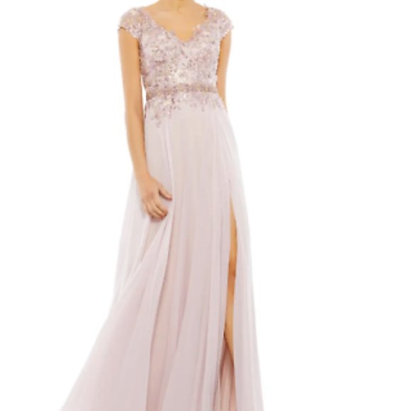 MAC DUGGAL BEADED SEQUIN CAP SLEEVE MESH & CHIFFON A-LINE ROSE sz 10 - Picture 1 of 6